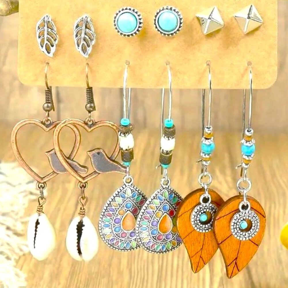 Earrings Turquoise Shell 6pr Dangle Wood Enamel Heart Bird Stylish Trendy Unique
